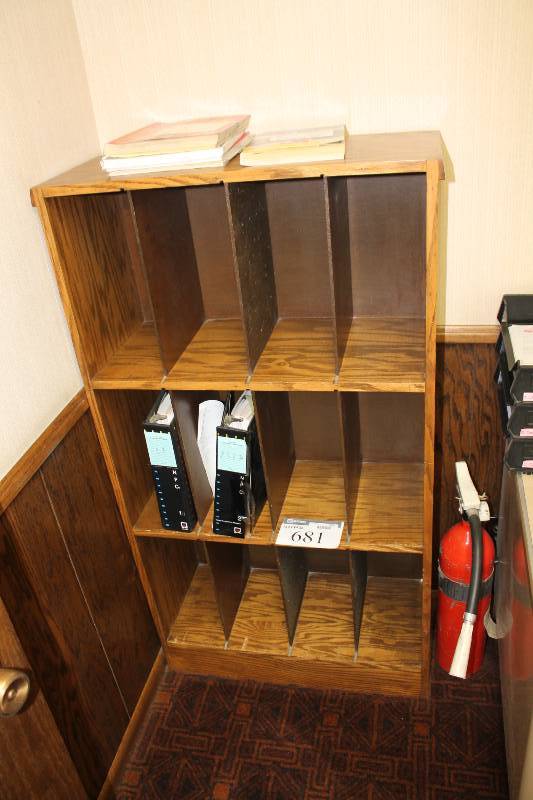 lot 681 image: Wooden Shelving Unit wMultiple Compartments 12 x 28 x 52.