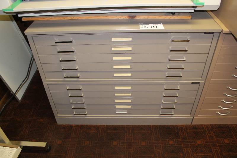 lot 690 image: Lot of (2) Metal Storage Cabinet wMultiple Drawers For Blueprints & Designs 46.5 x 35.5 x 16.