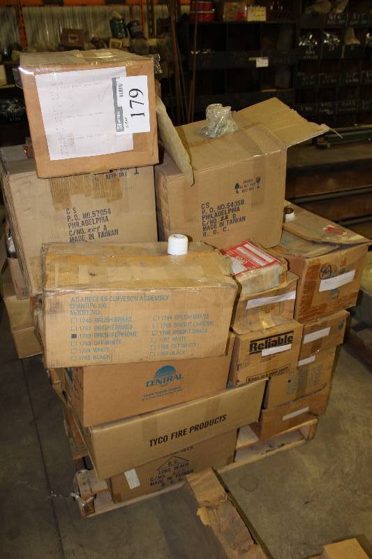 lot 179 image: Pallet Lot of Boxes Including Protective Sprinkler  Light Covers System Control Signs Central B-4 Concealer White Cover Plate And More.