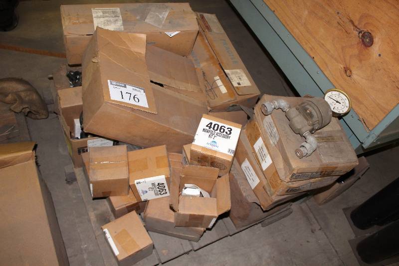 lot 176 image: Pallet Lot of Boxes Including Manifold Accessory Kit 2 Accelerator Trim Model BD-2 Emergency Release Model C-1 And More.