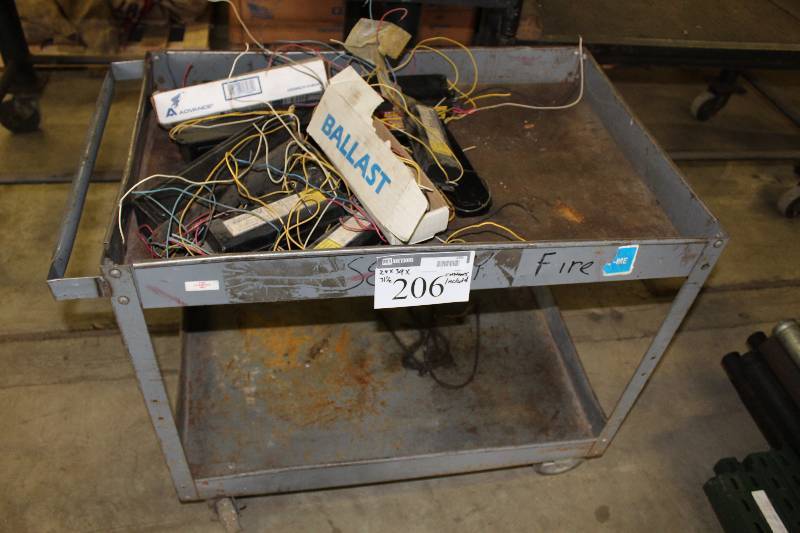lot 206 image: Plastic Cart wLower Shelf & Wheels Contents Included Ballasts 24 x 39 x 31.5.