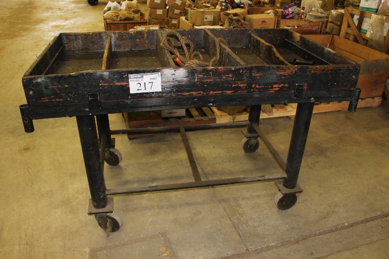lot 217 image: Metal Cart wDivided Top Section, Wheels & Lower Shelf 34 x 64 x 40.