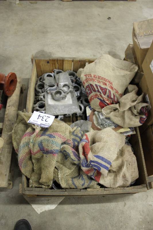 lot 234 image: Pallet Lot Of New Hardware Including 8 Casket Kits Flange 8 x 3 Valve Saddle Threaded 3 x 2 Vic Reducers And More New See Info Sheet In Photos For Additional Items & Info.