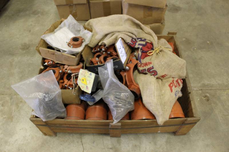 lot 232 image: Pallet Lot Of New Hardware Including 5 Vic 90 Degree Elbow (4) 6 Vic Drain (1) 5 Vic 45 Degree Elbow (1) And More New See Info Sheet In Photos For Additional Items & Info.