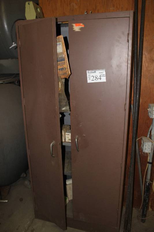 lot 284 image: Metal Cabinet wDouble Doors & Shelves Includes Contents Ridgid Set Front Pick Up Spring Ridgid Cutter Wheels And More 18 x 36 x 78.