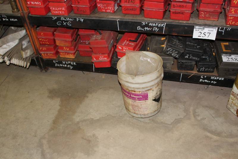 lot 258 image: Shelf Lot Including Plastic Tool Box Containers Fire Extinguisher Weed Sprayer And More.