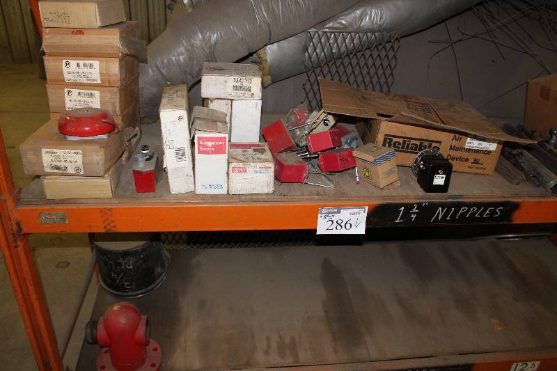 lot 286 image: Contents of (2) Shelves Including Metal Fire Alarm Bell Connector wFlange End Miscellaneous Valve And More.