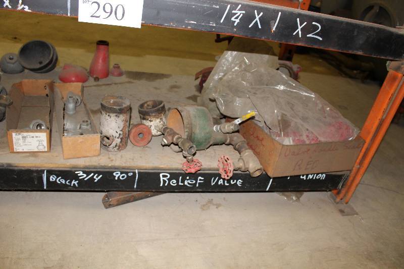 lot 290 image: Shelf Lot Including Relief Valve 34 90 Degree Metal Bends Miscellaneous Hardware And More.