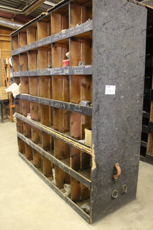 lot 293 image: Storage Container Lot Including Metal Fittings, Miscellaneous Used Switches, Drain 90 Elbow, 1 Sight Glass And More Storage Container wMultiple Compartments, 33.5 x 97 x 98.
