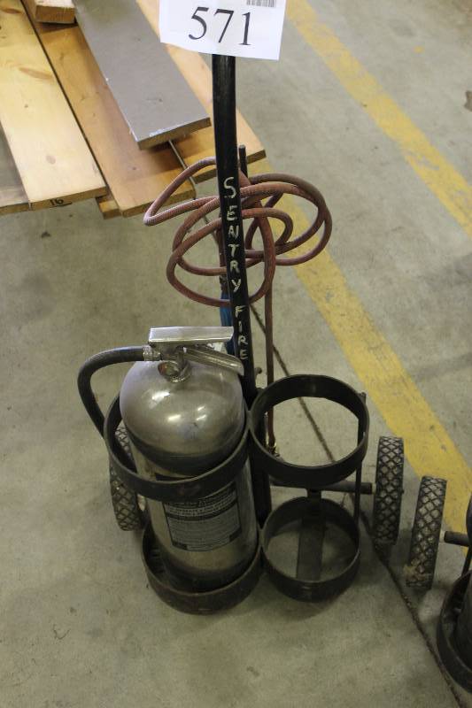 lot 571 image: Torch Cart with Acetylene Torch Holds 2 Tanks.  Tanks are gone because they were rented. Includes Fire Extinguisher.
