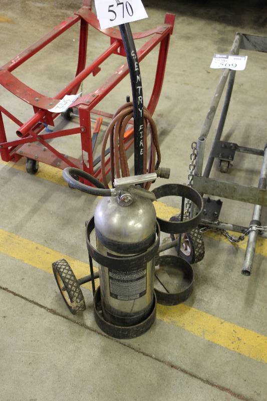 lot 570 image: Torch Cart with Acetylene Torch Holds 2 Tanks.  Tanks are gone because they were rented. Includes Fire Extinguisher.