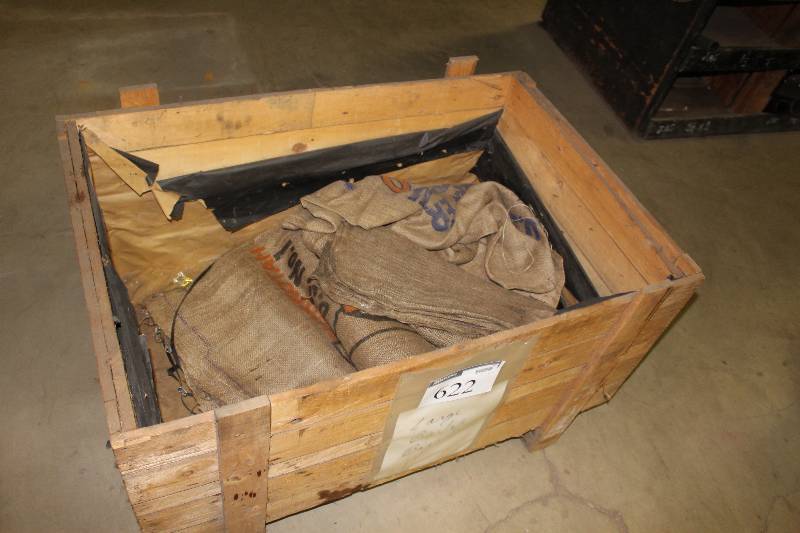 lot 622 image: Wooden Crate Lot Of Burlap Sacks.