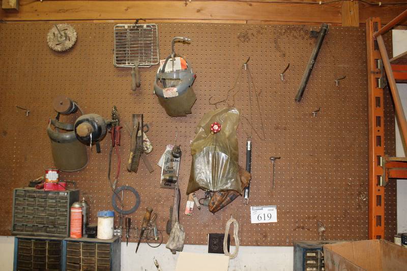 lot 619 image: Wall Lot Including Protective Face Masks Grate wHandle Wire Brush And More.