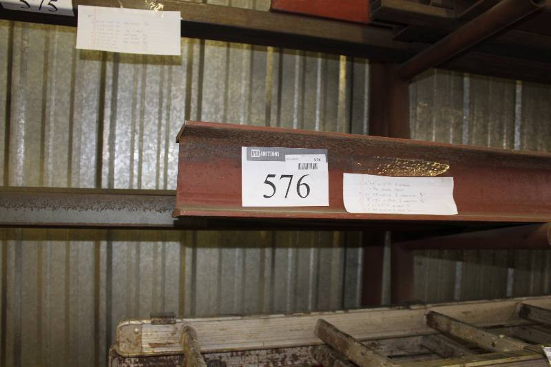 lot 576 image: Shelf Lot Including 4 x 4 x 13 I-Beam 2.25 x 8 x 10 I Channel (2) 3 13 x2 2 x 10 I Channel And More See Info Sheet In Photos For Additional Info.