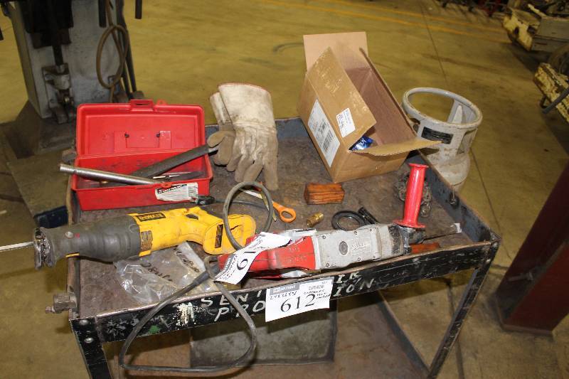 lot 613 image: Contents of Cart Including Milwaukee Rotary Hammer De-Walt Saw-Z-All Hammer File Tool Box And More.