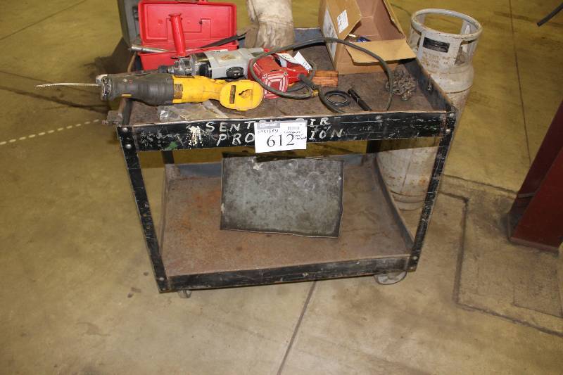 lot 612 image: Metal Cart wWheels & Lower Shelf Contents Not Included 24 x 36 x 31.