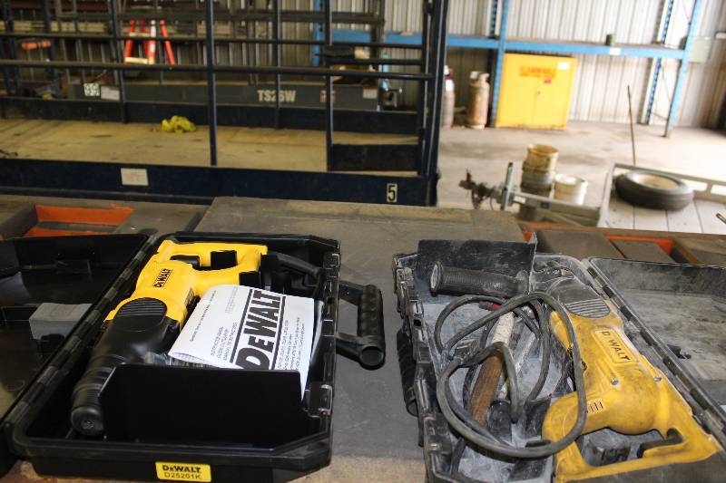 lot 599 image: Shelf Lot Including DeWalt Rotary hammer wCase DeWalt Power Tool wCase.