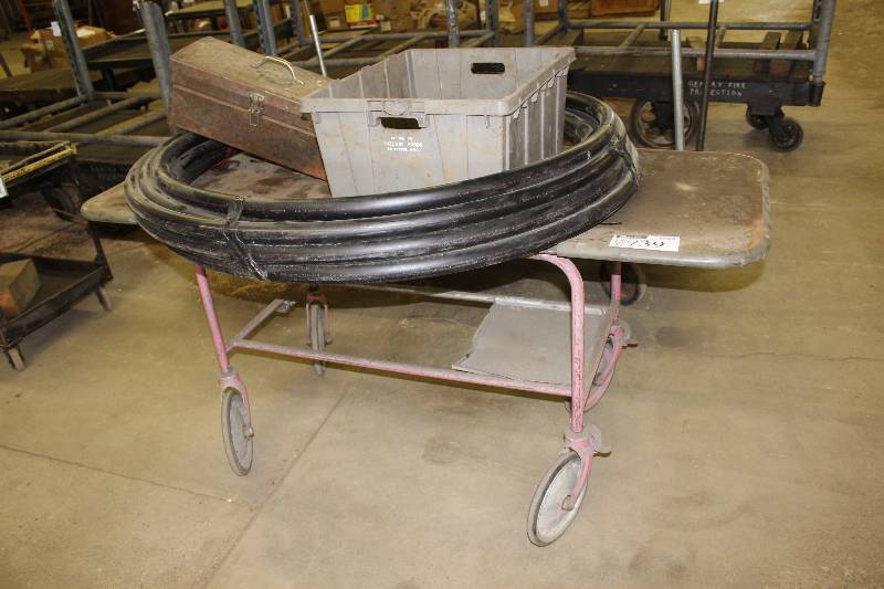 lot 739 image: Metal Cart wWheels Includes Tool Box, Tubing & Tote 27 x 75 x 33.