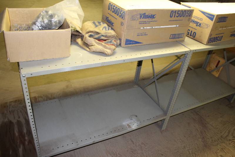 lot 666 image: Lot of (3) Metal Shelving Units w2 Shelves Includes Contents Boxes of Kleenex Products Box of Miscellaneous hardware 24 x 48 x 36.