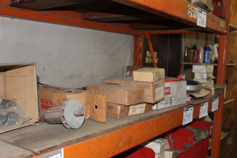 lot 717 image: Shelf Lot Including Ridgid Hardware Ridgid Cord Miscellaneous Hardware And More.