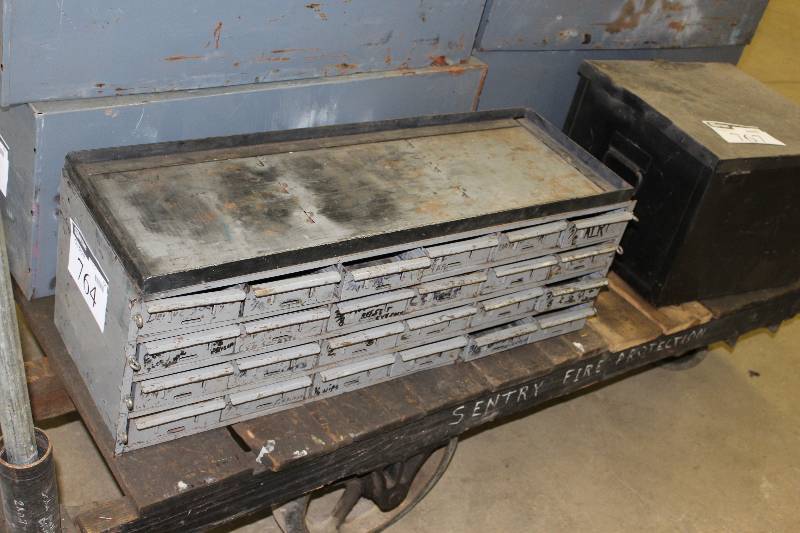 lot 764 image: Metal Storage Container wMultiple Compartments 12 x 34 x 13.