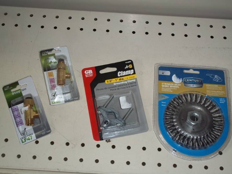New Wire grinding wheel, grounding clamp and plumbing hardware