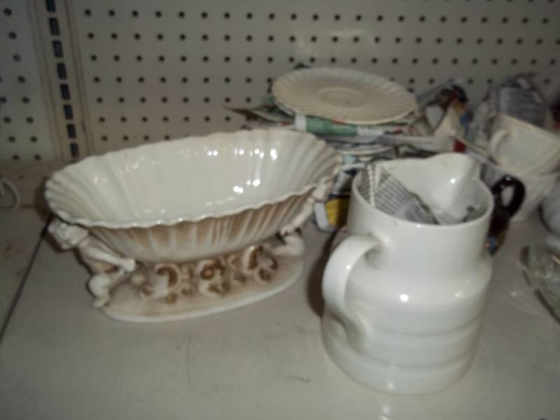 Vintage white dishes set with dog