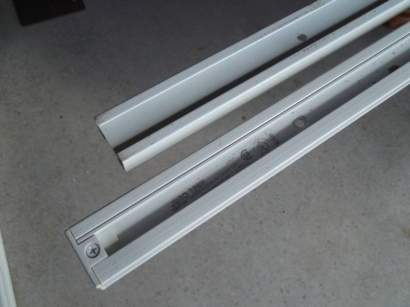 Eight Industrial Track Lighting Fixtures with Bulbs and Two Tracks