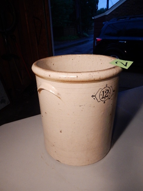 lot 2 image: No.. 12 CROCK.. Has a few hairline cracks from the top brim down, but still looks to be in pretty good shape.