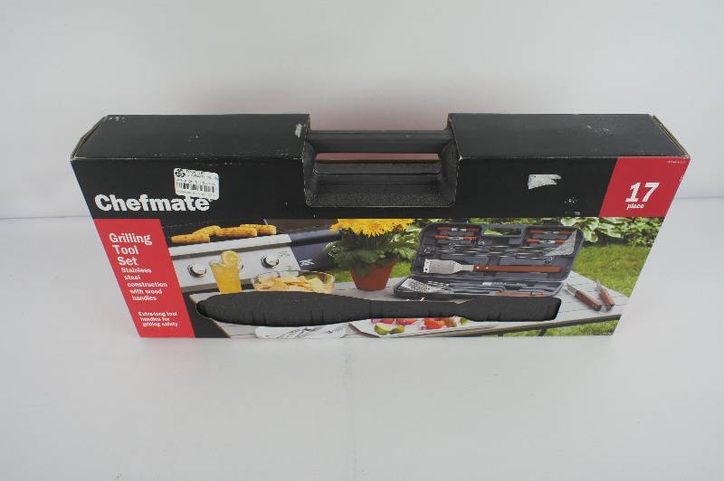 lot 14 image: Chefmate Stainless Steel Wood Handle Grilling Tool 17 Piece Set