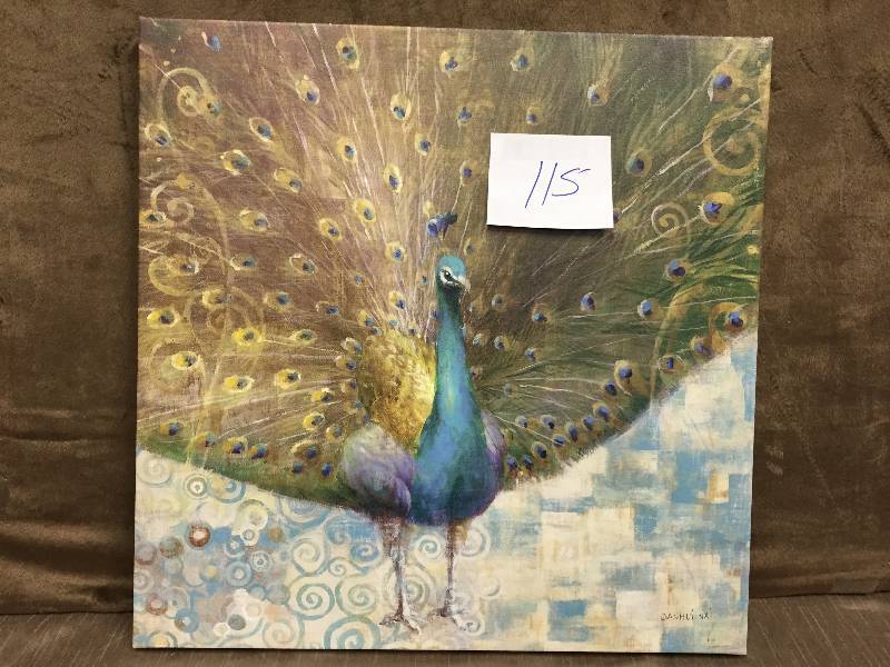 lot 115 image: Trademark Fine Art Teal Peacock on Gold Canvas Wall Art by Danhui Nai