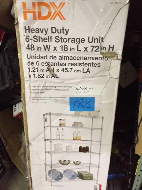 lot 188 image: HDX Heavy Duty 6 Shelf Storage  unit 48x18x72 slight dent