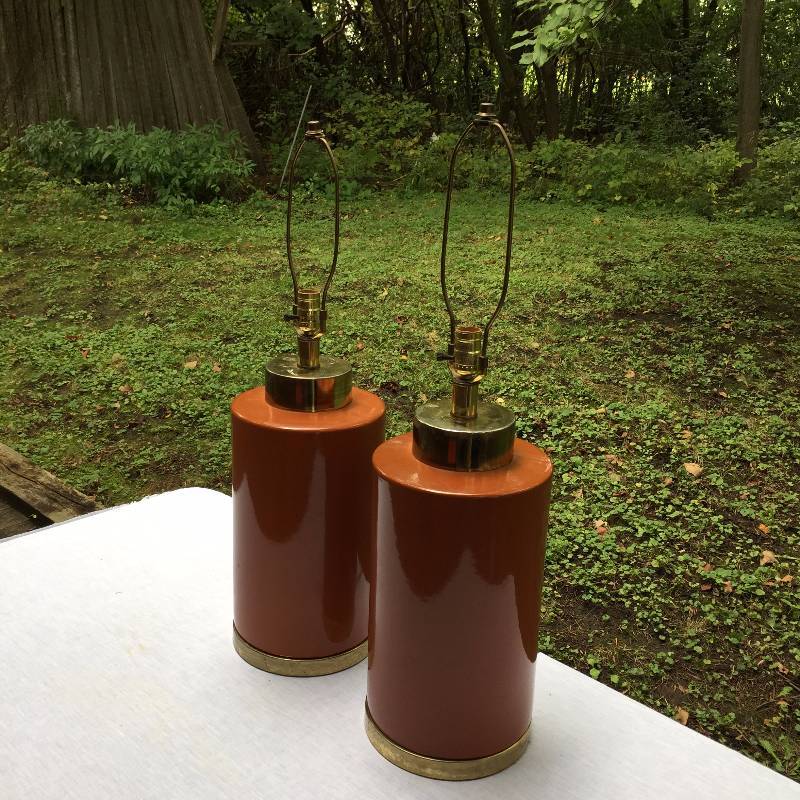 lot 007 image: Rare Large Pair Retro Chic Mid Century Modern Vintage Signed Phil-Mar Sandel Orange Brass Canister Lamps