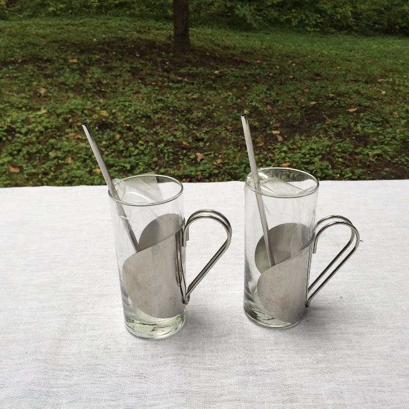 lot 013 image: Set of 2 Glass Coffee Tea Mugs w Stainless Handles & Spoon Straws 8 oz Clear Cup