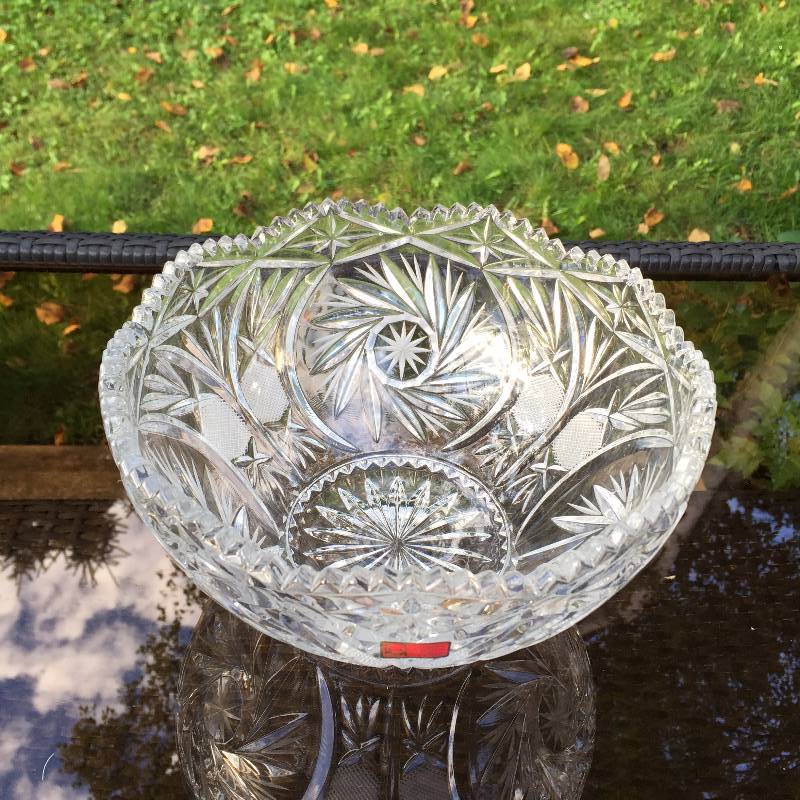 lot 021 image: Spectacular New wTag 8 14 LAUSITZER HAND CUT Pinwheel, Cross Hatch, Fan Cut Sawtooth 24% LEaD CRYSTAL CANDY DISH footed BOWL GERMANY