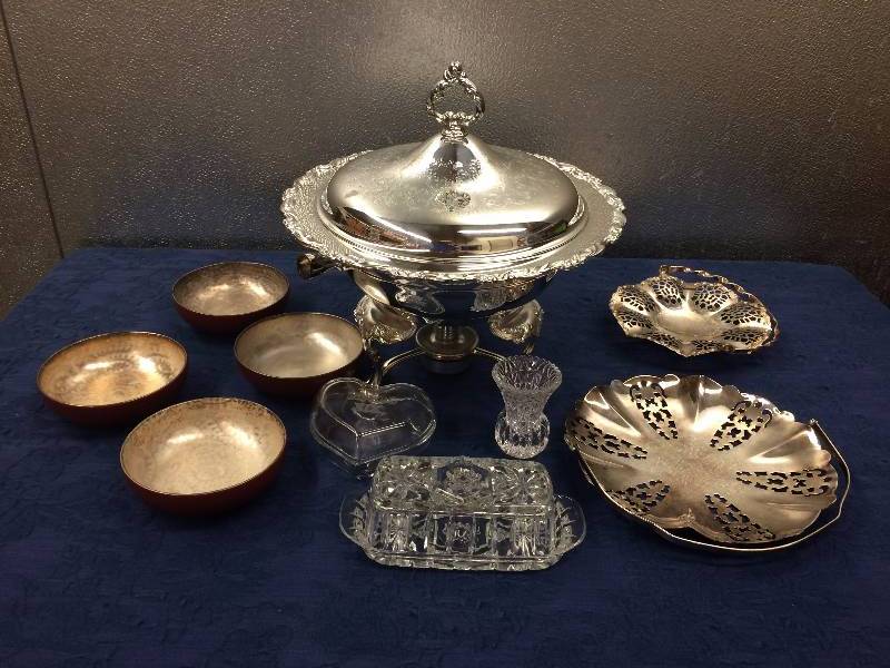 lot 067 image: Silverplate & Crystal Lot of Serving Pieces Chafing Dish - Please See Unusual Vintage Enamel & Silverplate Bowls