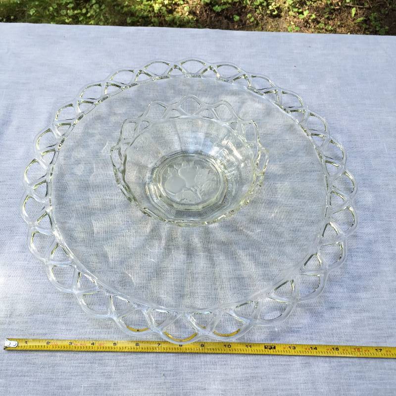 lot 023 image: Wow Fantastic 14 Westmoreland Lace Lacy Edge Doric Clear Glass Sandwich Plate Platter with Rare Matching Insert Bowl
