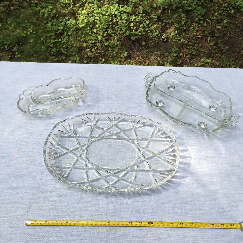 lot 033 image: 3 Vintage Oval Clear Cut Crystal & Glass Dishes Platters including 2 Divided Relish Dishes