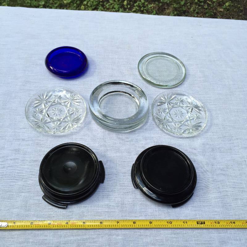 lot 034 image: 7 Vintage Glass Round Bases For Ginger Jars, Vases, Bowls, Etc. Fenton Cobalt Blue & Rare Pair Black