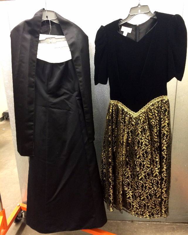 lot 073 image: Scott Mcclintock Black & Gold Frock Size 12 Plus URBAN GIRL NITES Black & White STRAPLESS BALL GOWN with Stole SATIN SIZE 12