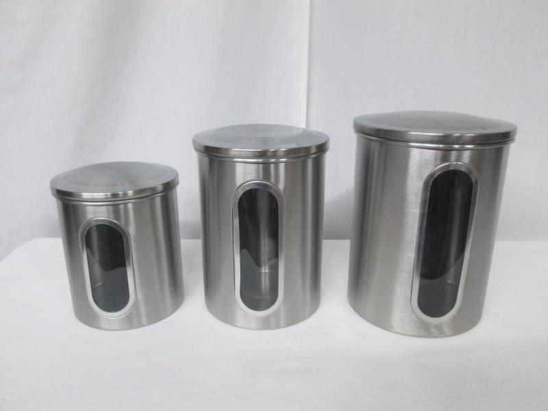 lot 69 image: Stainless Steel Vertical Window Canisters - Set of 3