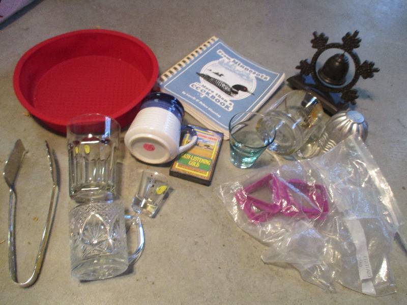 lot of kitchen supplies, shot glass...