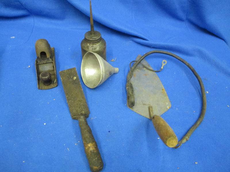 Cement Trowel, oil can, small plane...