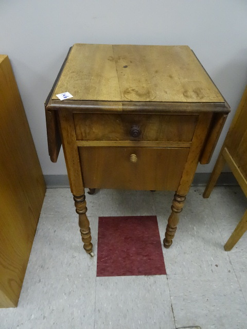 lot 146 image: Vintage Wood Table wDrop Down Sides. On Wheels 17 X 17 X 31
