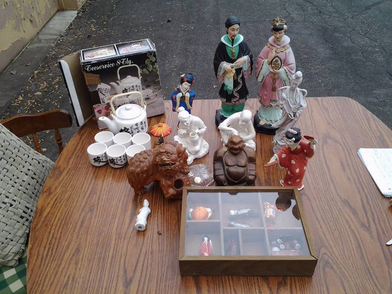 Lot Of Asian Statues, Tea Set, Shadow Box, More