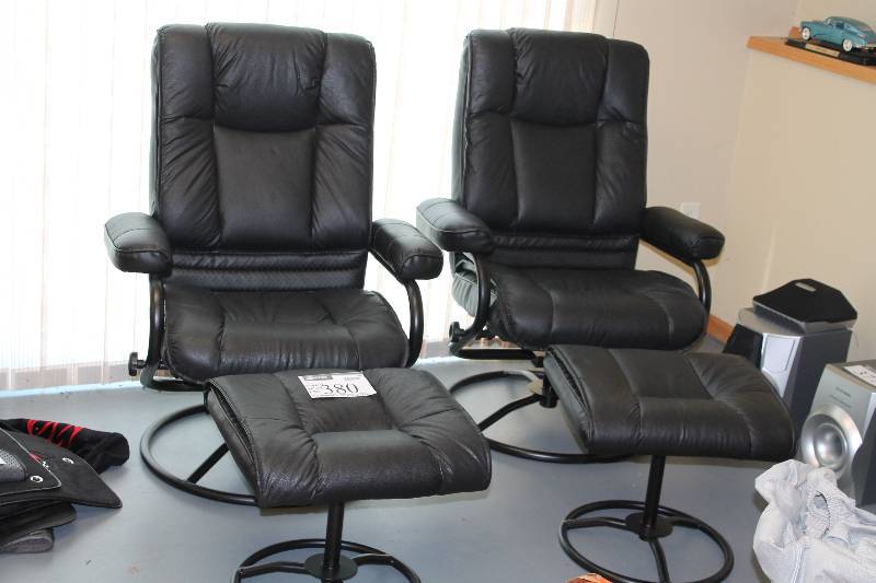 lot 380 image: Lot of (2) Leather Style Chairs wFoot Rests 28 x 27 x 39 18 x 18 x 17.5.