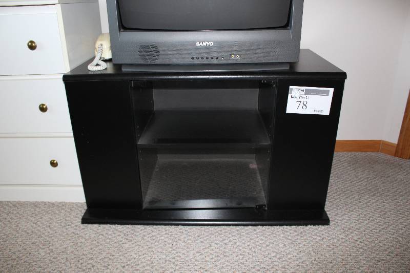 lot 78 image: Entertainment Shelving Unit 20 x 35 x 21 Includes Sanyo TVs (2).