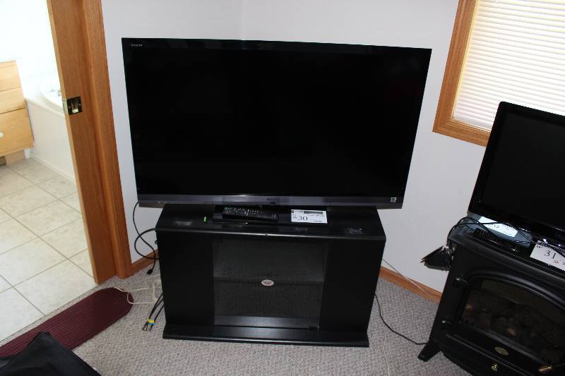 lot 30 image: Lot of (2) Including Sony 46 Flat Screen Television Entertainment Stand wGlass Door 35 x 18 x 21.