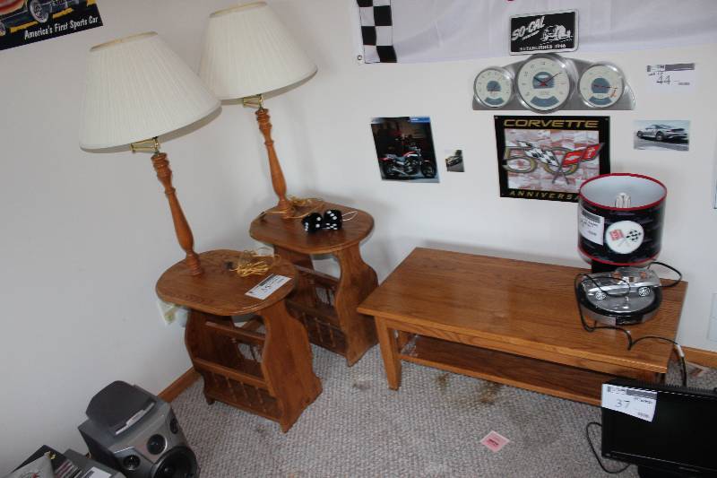 lot 35 image: Lot of (3) Including Wooden Table wLower Shelf Wooden Lamps wShelf, Shade & Magazine Rack 14 x 24 x 56 (2) 18 x 40 x 16.