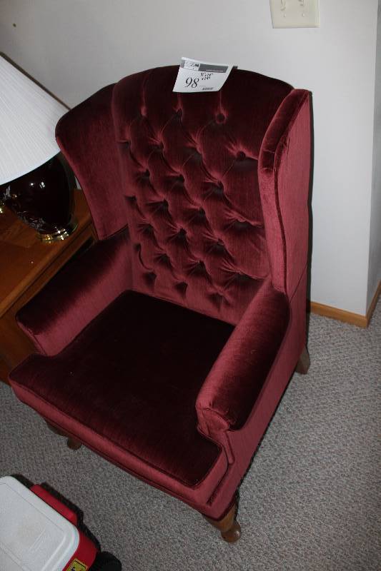 lot 98 image: Wooden Chair wRed Cloth Upholstery 31 x 28 x 29.